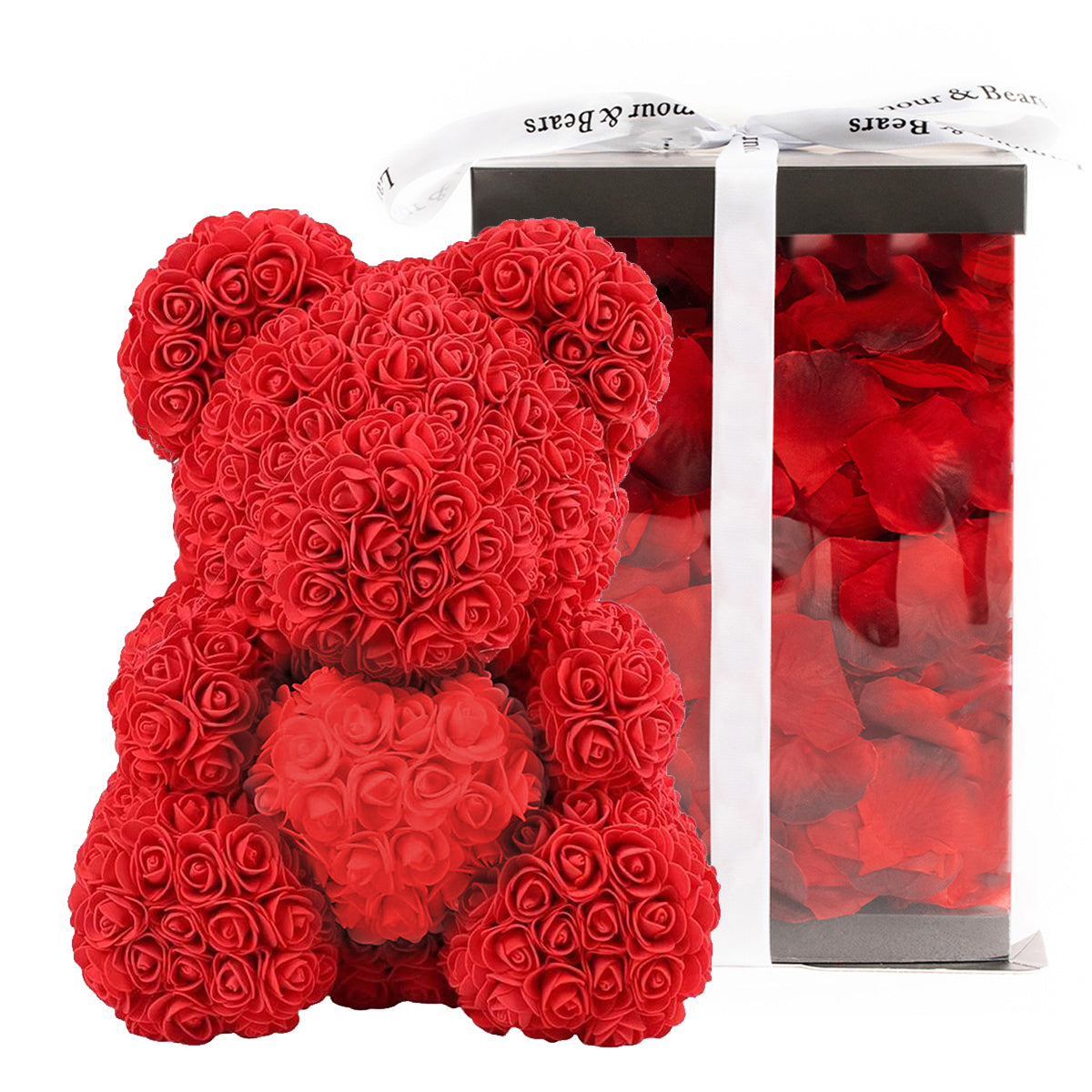 Coppia adorabile Orso e cuore rosso sito nelle vicinanze di vaso